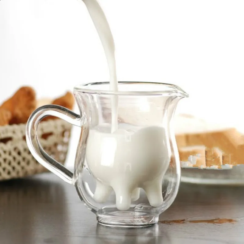 

Креативная двухслойная стеклянная Сливочная чашка в форме коровы 250 мл Милая молочная кружка для сока чая кофе прозрачная стеклянная кружка кувшин для вспенивания молока