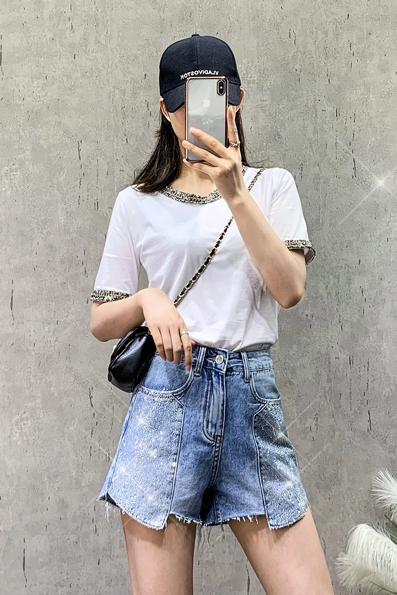 

New Irregular Slimming Bling Diamonds Zipper Denim Shorts Women's Summer Ripped High Waist Loose Slimming Short Wide Leg Pants