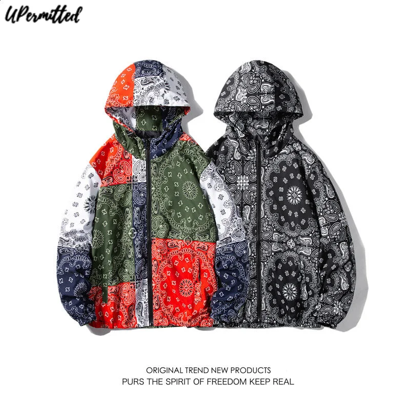 

Men's Outdoor Hooded Jackets 2021 Autumn Winter New Mosaic printing Casual Loose windbreaker Mens Streetwear Vintage Clothing