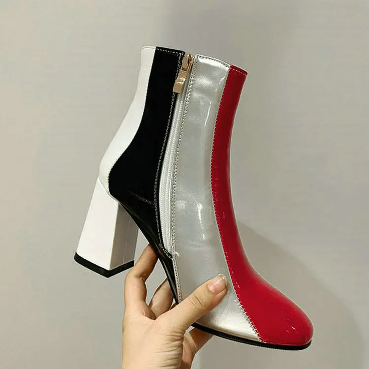 

2020 New Women Ankle Boots Fashion Mixed Color Stripe Square Toe Women Short Boots Thick Heel Zipper Women Shoes Winter Boots