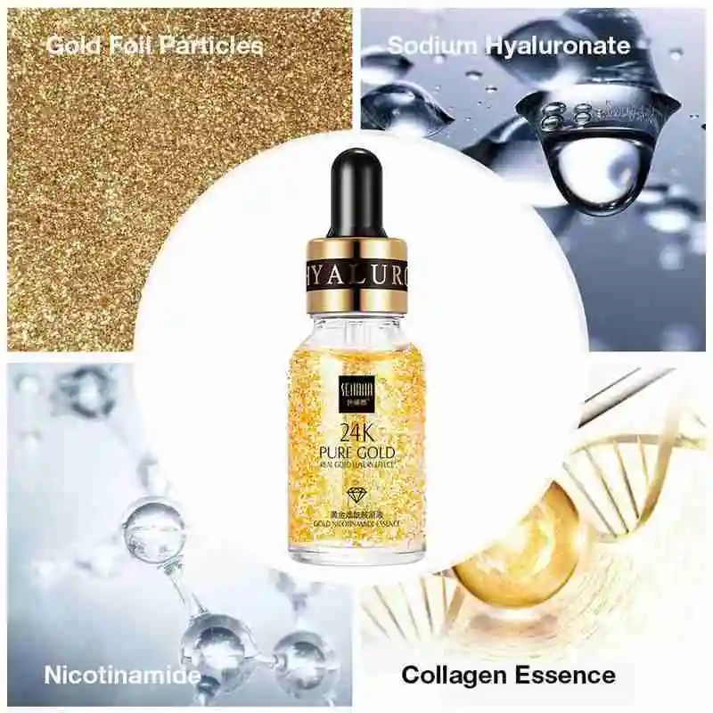 

24K Gold Niacinamide Face Essence Moisturizing Anti-Aging & Hyaluronic Acid Serum Shrinks Pores Repairs Dry Loose Skin