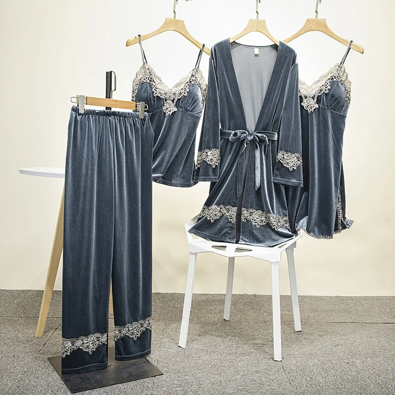 

Серый кружевной пижамный комплект с отделкой, Женская велюровая одежда для сна из 4 предметов, осенний Новый халат, повседневный костюм-кимо...