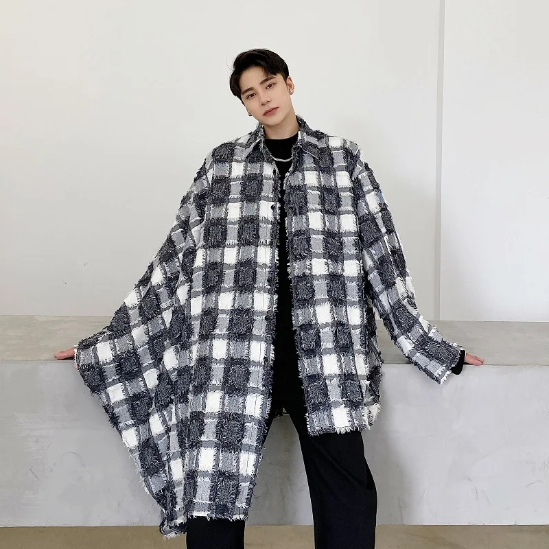 

Асимметричная дизайнерская винтажная модная свободная Мужская Повседневная рубашка в клетку с длинным рукавом, кардиган-накидка, мужское ...