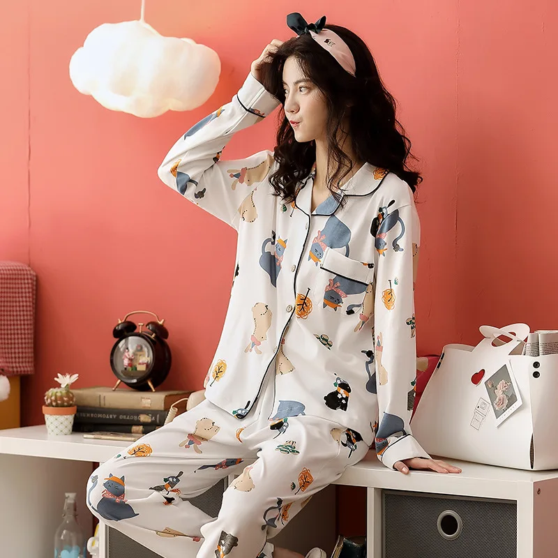 Женская пижама из чистого хлопка с длинным рукавом в Корейском стиле|Комплекты
