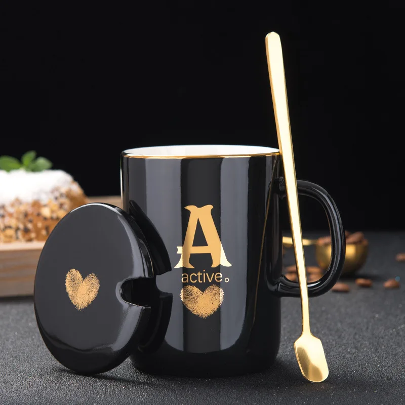 

Lettered Mug Surname Creative Ceramic Cup Cool Hipster Coffee Cup with Lid Spoon Couple Gift Mug Lovers water cups