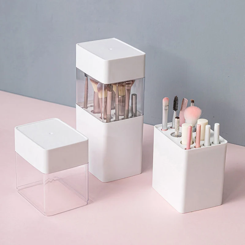 

Makeup Brush Holder Dustproof Makeup Organizer With Lid Desktop Pencil Lipstick Eyebrow Brush Storage Box Cosmetic Organizer