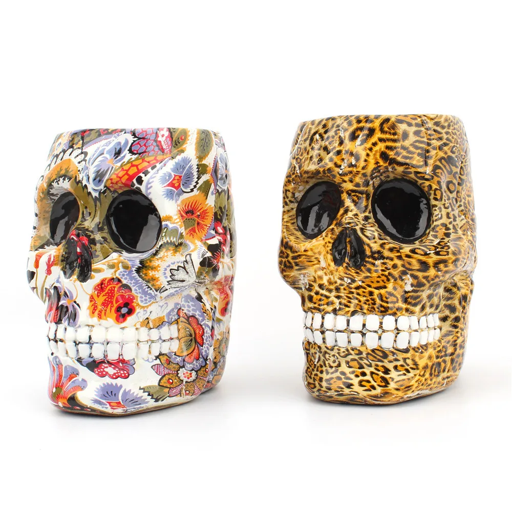 Креативная цветная Статуэтка держатель для ручки с черепом из смолы скульптура