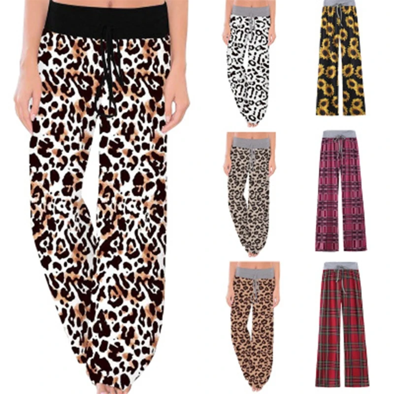 

Women Casual Cotton Wide Leg Pants Joggers Sports Leopard Print Loose Fit Trousers Drawstring Elastic Waist Sweatpants