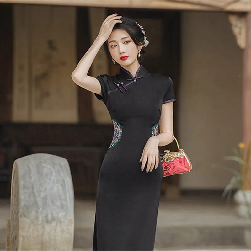 

Женское платье Чонсам в китайском стиле, современное шикарное черное приталенное платье с высокой талией и вышивкой, лето