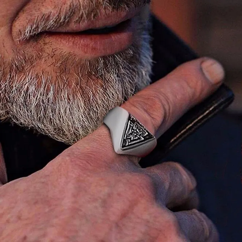 

Viking Ring, Men Signet Rings, Stainless Steel Triangle Valknut Pinky Rings ,Scandinavian Wikinger Norse Jewelry