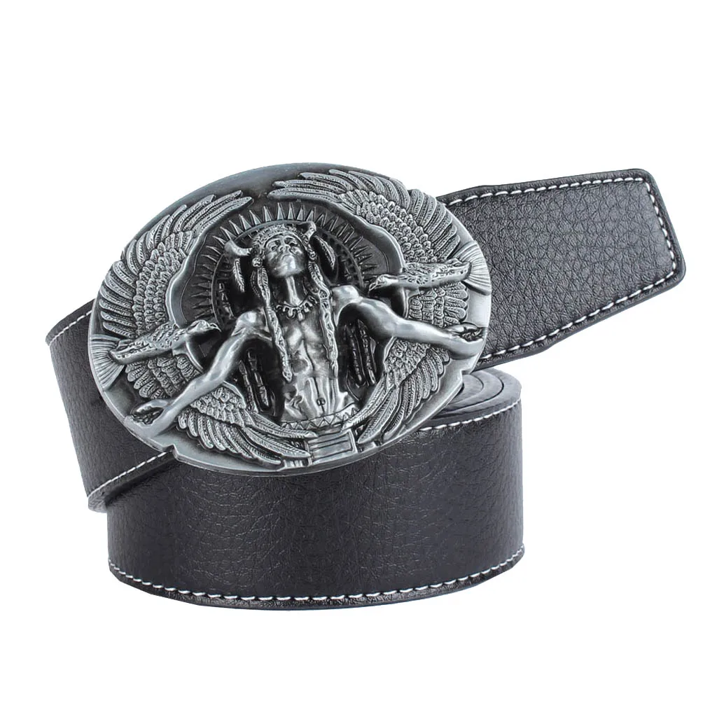 

Men's PU Leather Casual Belt with Oval Zinc Alloy Carved Native Chief Eagle Buckle Waistband