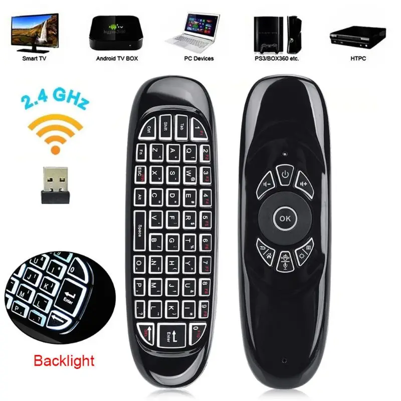 C120 RGB 7 Backlight Fly Air Mouse Wireless Backlit Keyboard G64 Rechargeable 2.4G Smart Remote Control for android Tv Box T84D |