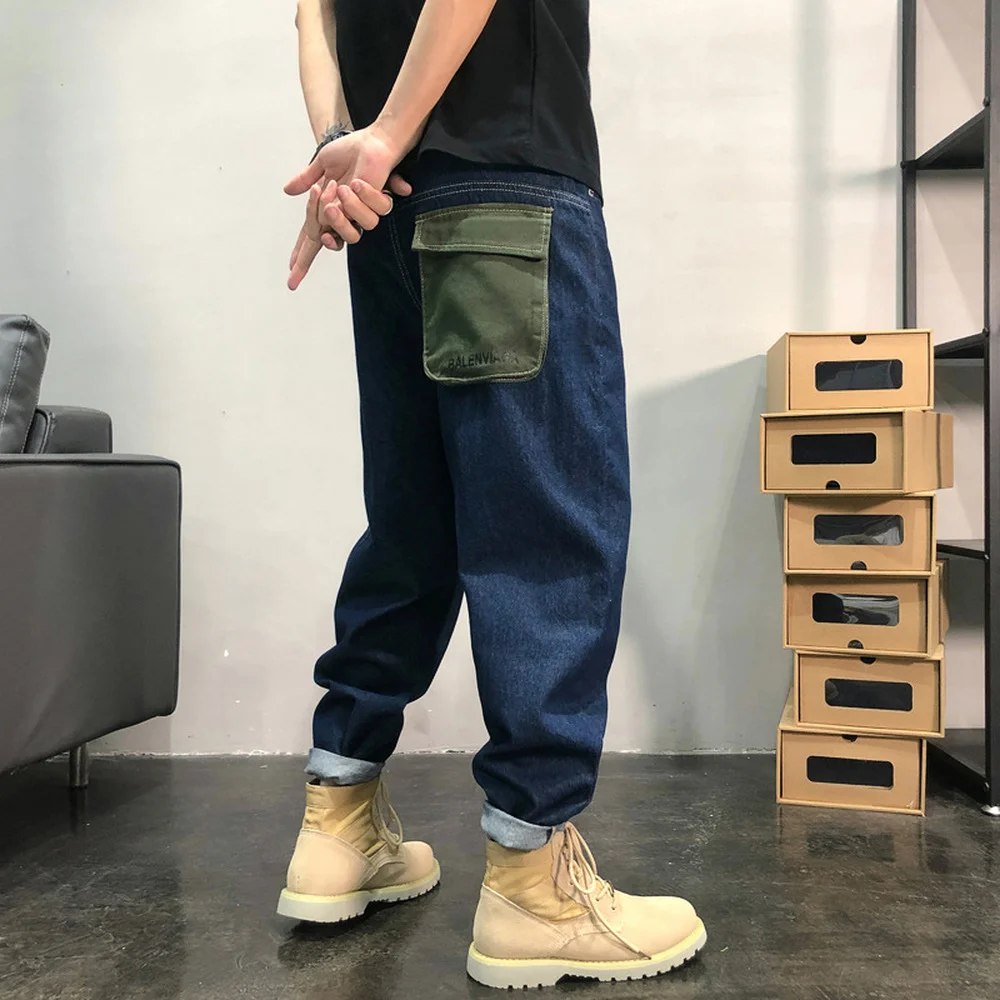 American Trendy Nine-point Jeans Loose Street Washed Denim Overalls with Little Feet Old Harem Pants Elastic Motorwear Trousers