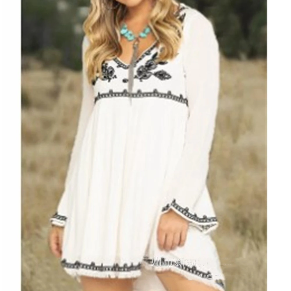 

Lugentolo Long Sleeve Dress Women Bohemian Cotton and Linen V-Neck Fashion Print Loose 2020 Summer New Womens Mini Dress