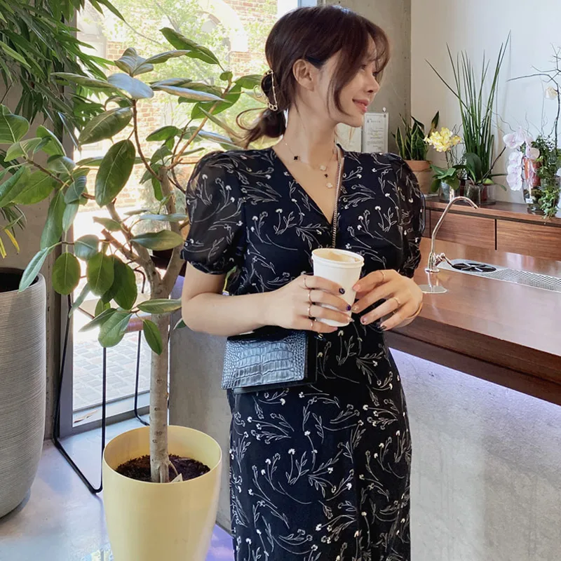 

2020 summer new Korean temperament V-neck lace-up waist chiffon print dress women Office Lady