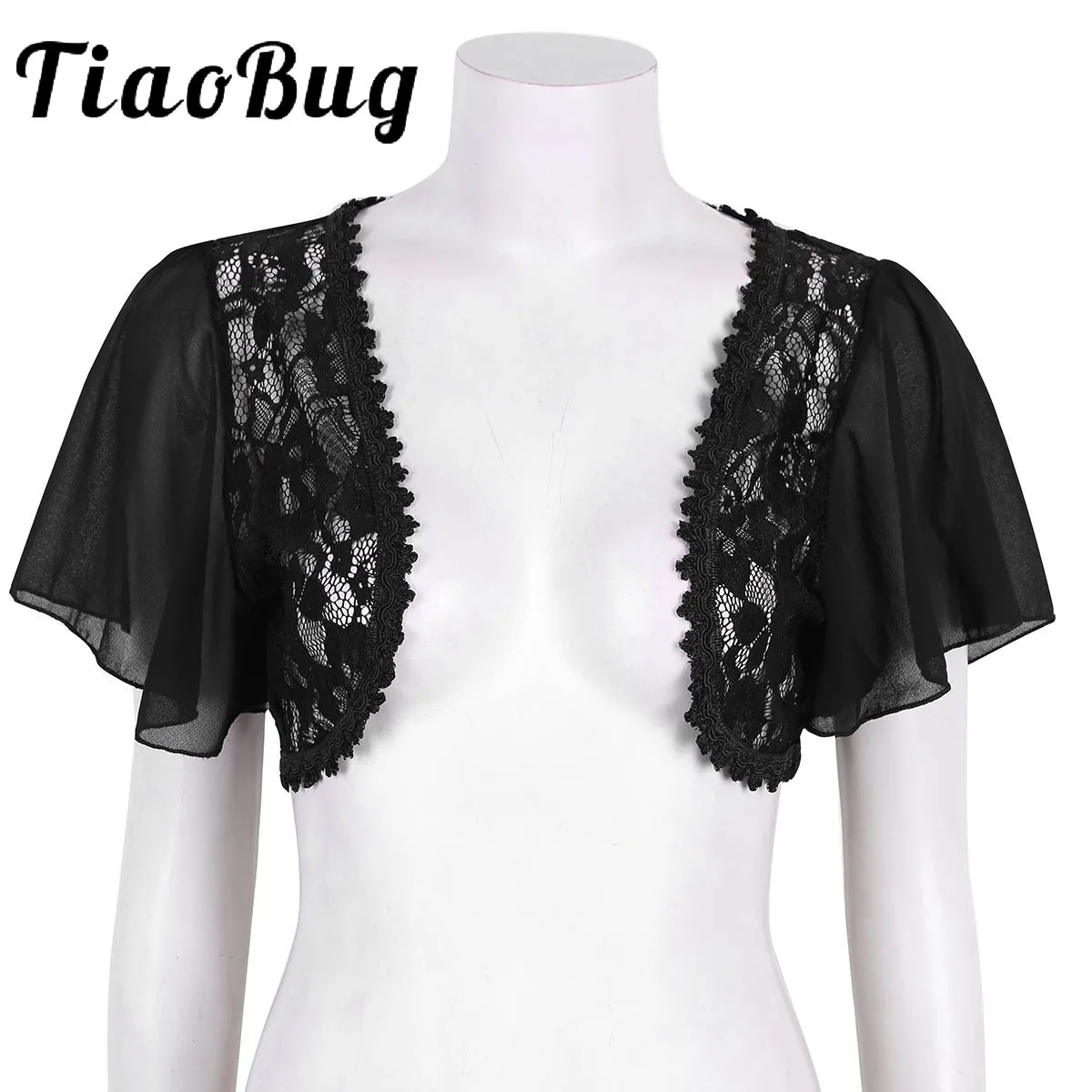 TiaoBug Women Short Sleeve Floral Lace Sheer Open Front Chiffon Shrug Cardigan Jacket Wedding Party Coat Short Bolero Casual Top
