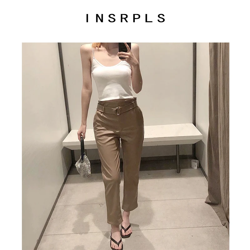 

INSRPLS Women Fashion With Belt Faux Leather Paperbag Pants Vintage High Elastic Waist Side Pocket Female Ankle Trousers Mujer