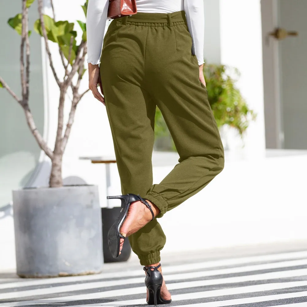 

GK Women Casual Pants With Belt High Waist Elastic Leg Opening Trousers Female Stretch Pants Mujer Suit Straight Pants Slim Pant