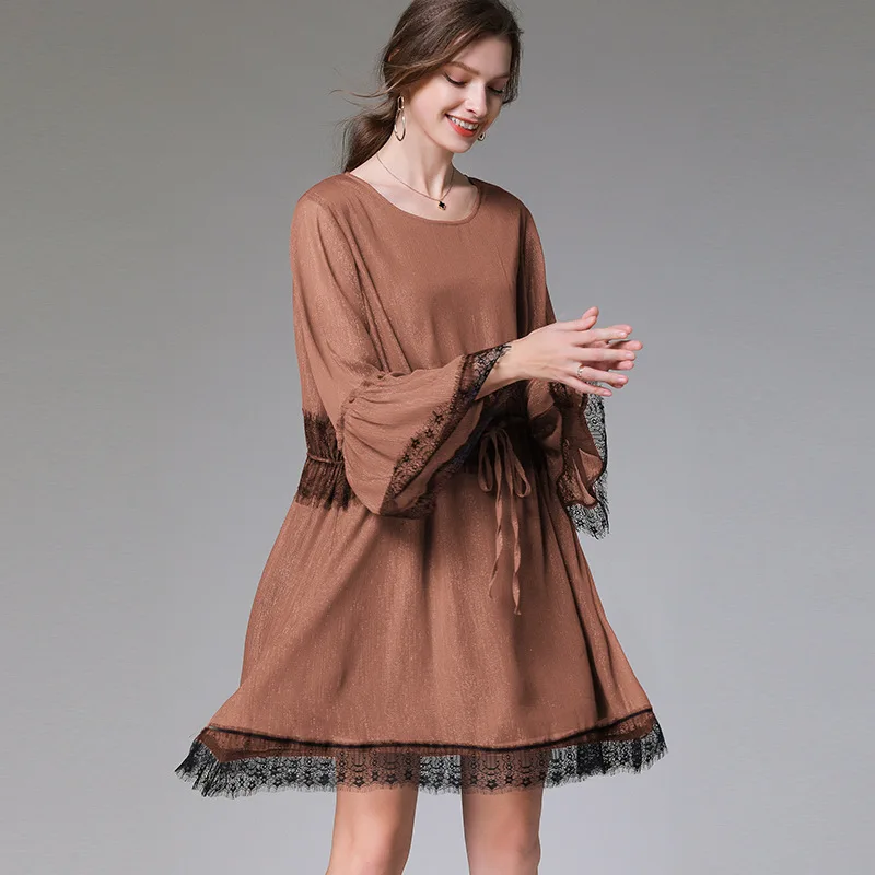 

famous Solid Womes Dress Autumn New O-neck Flare Sleeve Patchwork Lace Bandage Dress Large Size Loose Casual Female B696