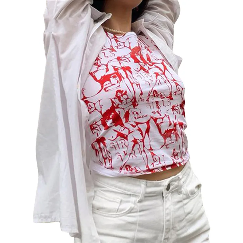 Женский укороченный топ без рукавов однотонная летняя футболка с принтом