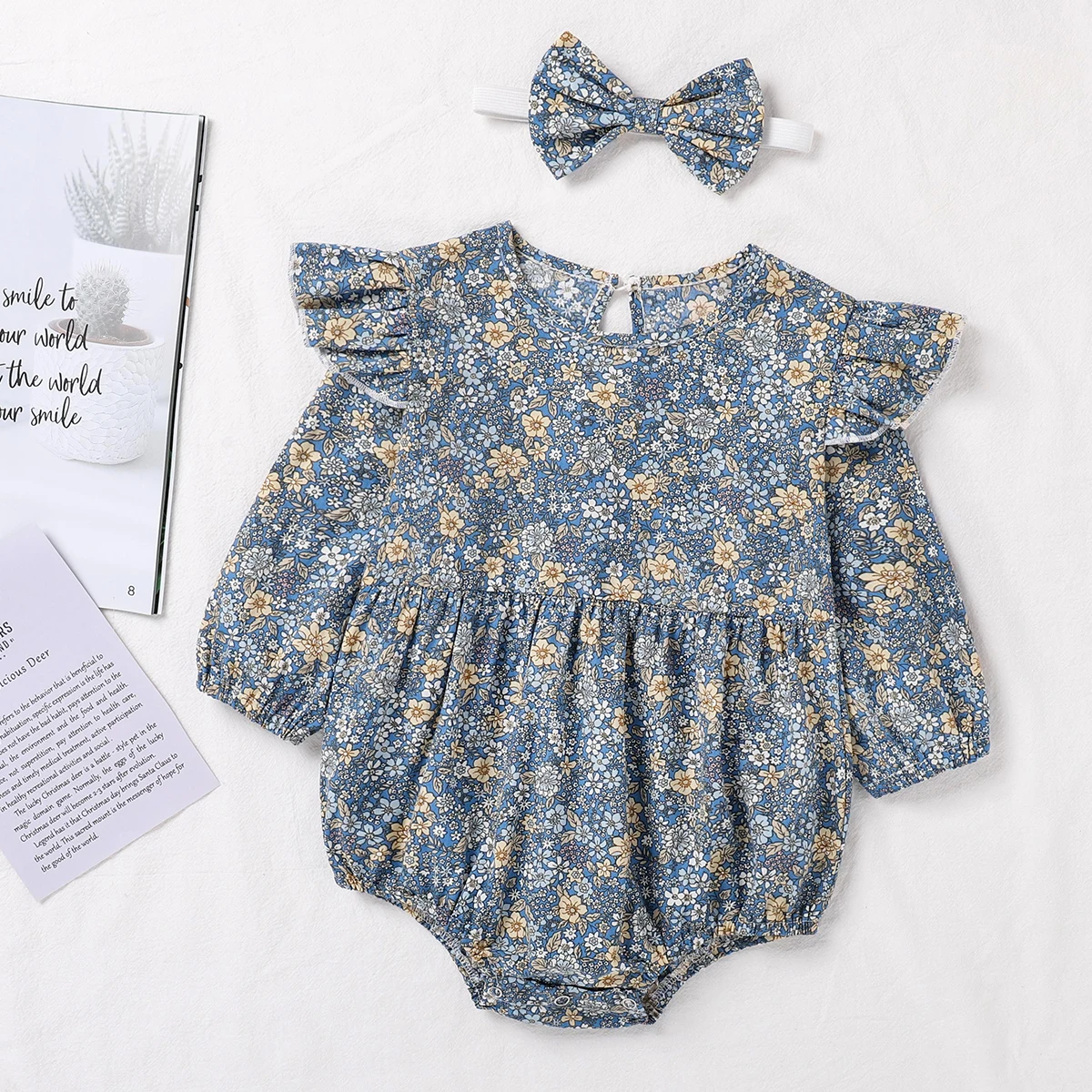 

Pudcoco Newborn Baby Girl Clothes Flower Printed Long Fly Sleeve Ruffled Hem Triangle Bodysuit Bow Headband 2Pcs Outfits Romper