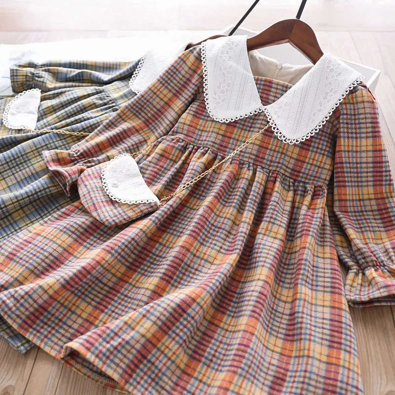 

Хлопковые платья для маленьких девочек, весенне-осенняя клетчатая детская одежда с длинным рукавом, наряды в стиле преппи для подростков 6, 8...