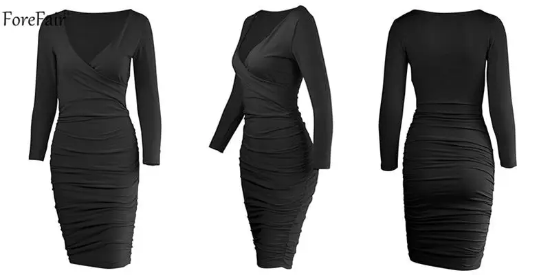 Forefair V Шеи Обертывание Bodycon миди платье черный зима осень для женщин с длинным рукавом Ruched Cross твердые сексуальные повседневные красные платья