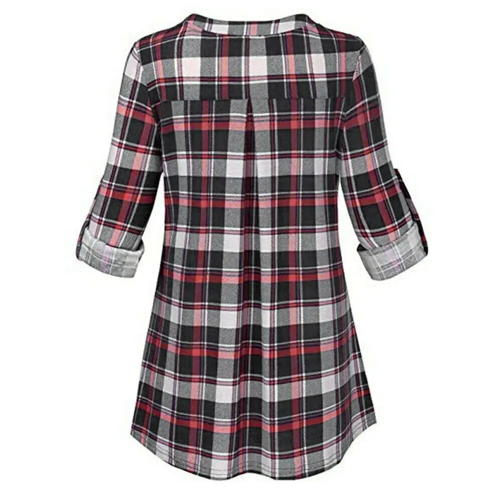 

Womens Casual Rolled Sleeve Zipped V-Neck Plaid Printed Shirt Tunic Tops Blouse