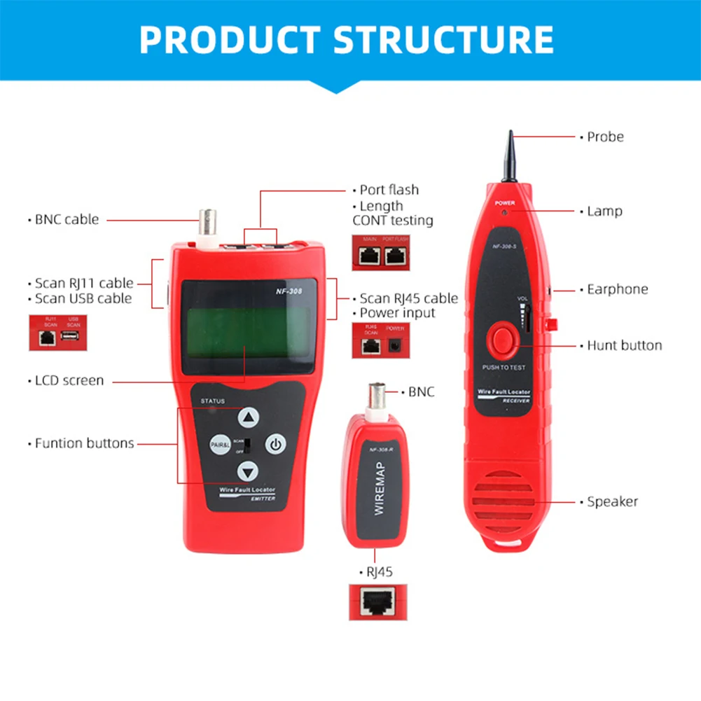 NF-308 Measure Network LAN Cable Length Cable Continuity Test Wire Tracker RJ45 RJ11 Ethernet Cable Tester Red