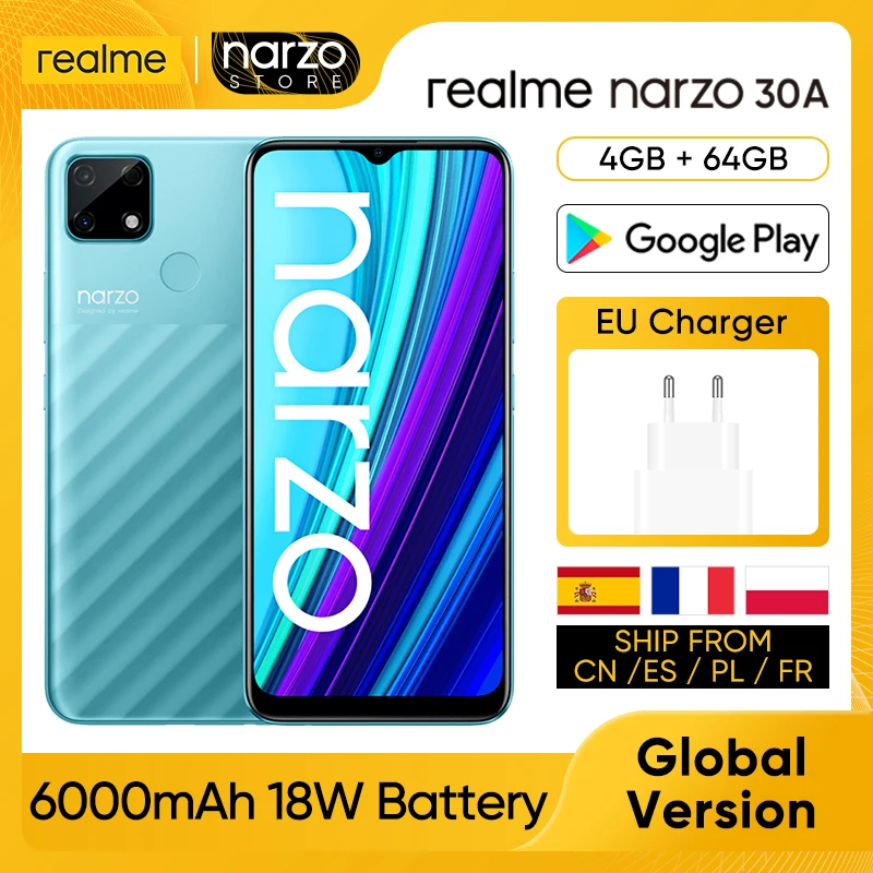 Смартфон Realme Narzo 30A глобальная версия 4 ГБ 64 Helio G85 6 5 дюйма полноэкранный режим 13 МП