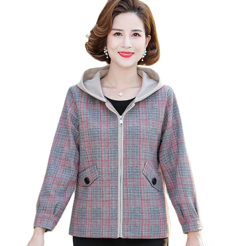 2021 New Spring Autumn Plaid Women's Jacket Middle-Aged Elderly Mothers Woolen Coat Elegant Casual Short Windbreaker Outerwear | Женская