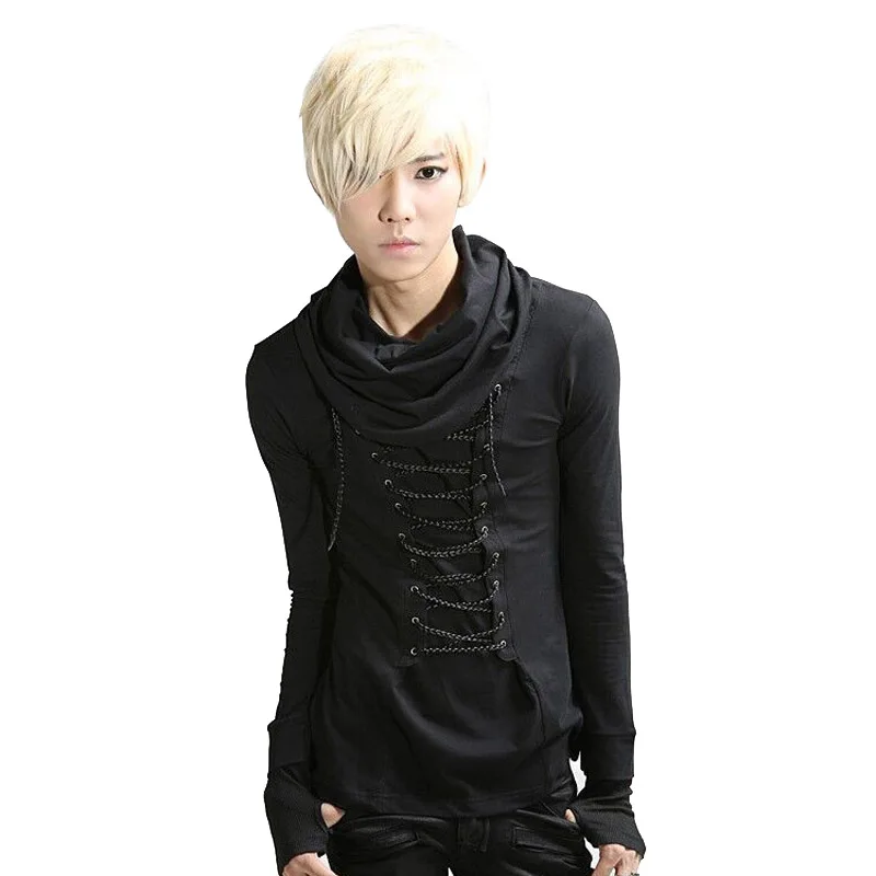 

Men Fashion Casual Long Sleeve Gloves T-shirt Male Turtleneck Slim Fit Tee Shirt Punk Gothic Costume Clothing