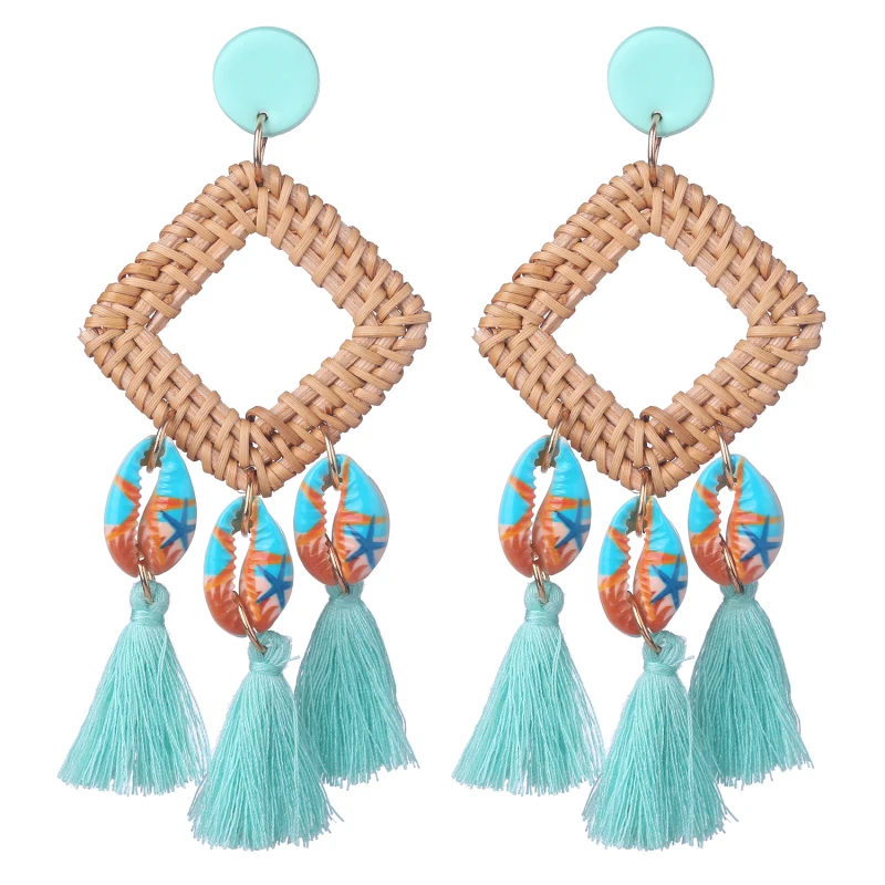 Rattan Tassel Earring Tie-dyed Shell Hohemian Handmade Casual Holiday Weave Wooden Geometric Unique Trendy Earrings for Women | Украшения и