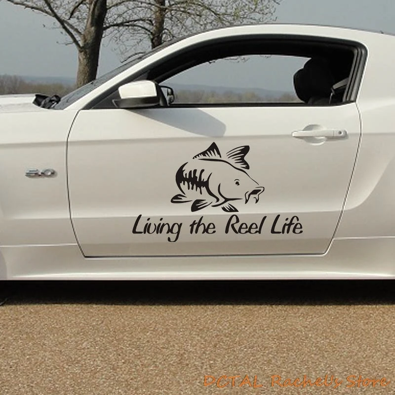 Living the Reel Life Car Sticker Fish Decal Fuel Tank Cover Door Window Trunk Motorcycle Helmet for  VW Golf Polo SUV Laptop
