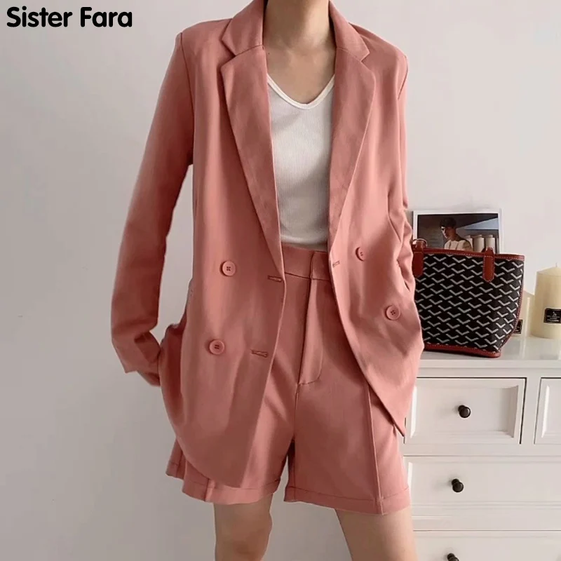 

Женский офисный костюм Sister Fara, повседневный пиджак с отложным воротником и шорты на молнии с высокой талией и пуговицами, свободный осенний ...