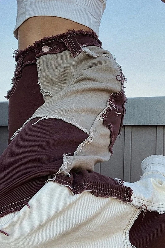 

RRetro sweet and cool girl high-waisted beggar version stitching jeans, new foreign style, thin wide-leg pants