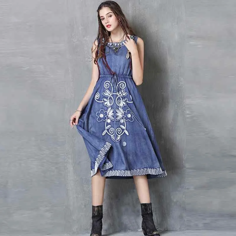 

New Fashion Womens Vintage O-Neck Sleeveless Jean Dresses Female Zipper A-Line Robe Femme Vestidos Denim Embroidery Dresses