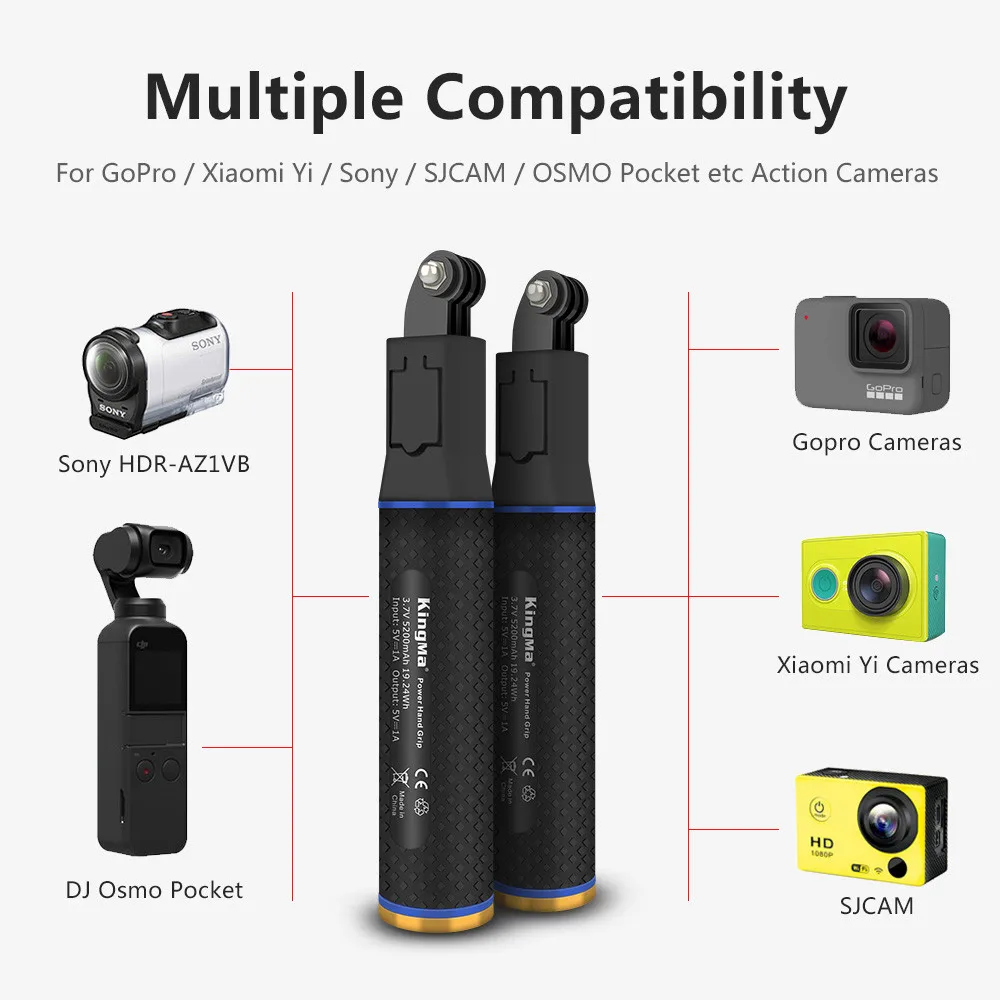 Портативное зарядное устройство KingMa 5200 мАч селфи-Палка с ручкой для GoPro 10/9/8/7/6/5