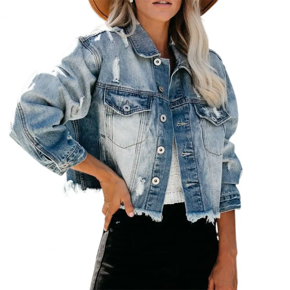 

Women Short Denim Jacket Long Sleeve Ripped Denim Trendy Classic Women Slimming Jeans Jacket Cardigan for Dating Wearing