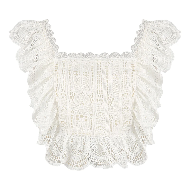 

White Summer Lace Blouse Women Square Collar Ruffles Shirts Tops Hollow Out Lace Shirt Sleeveless Sexy Zipper Korean New Z597