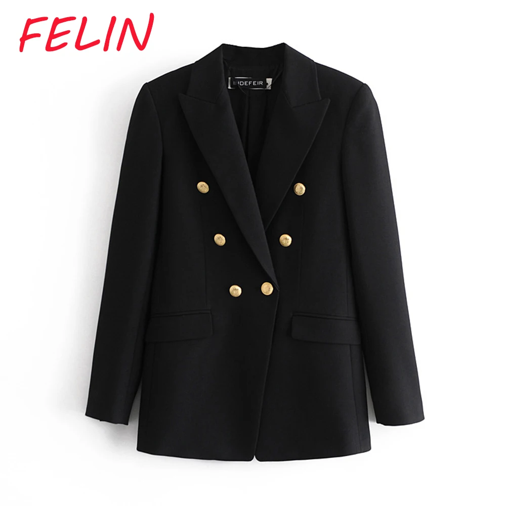 

FELIN 2021 Za Blazer Women New Metal Double Breasted Woollen Blazers Office Ladies Coat Vintage Female Outerwear Chic Tops