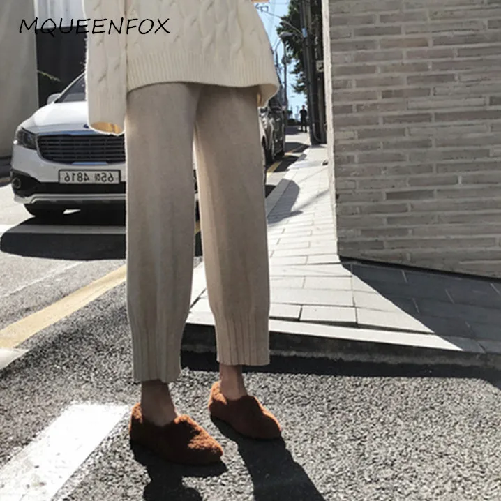 Зимние плотные женские шерстяные трикотажные широкие брюки повседневные