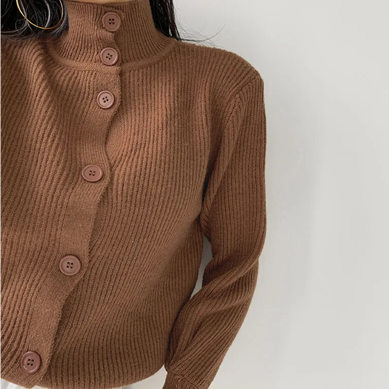 

WOMENGAGA Winter Loose Lantern Sleeve Women Sweater Korean Simple Solid Color Turtleneck Casual Knitted Cardigan Hq3a