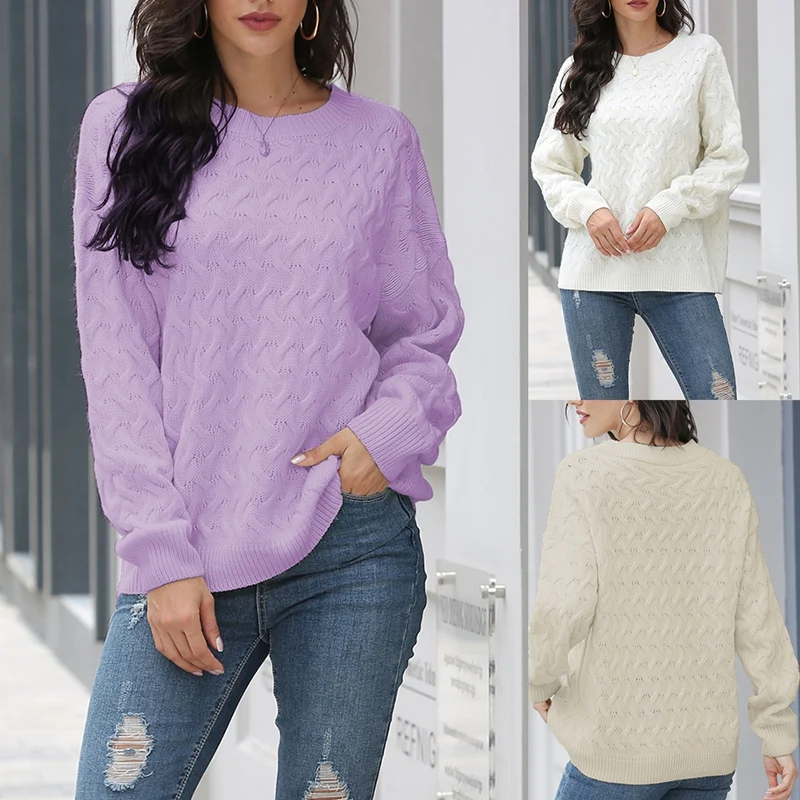 

Женский пуловер с волнистым узором, однотонный свободный свитер с круглым вырезом, Осень-зима