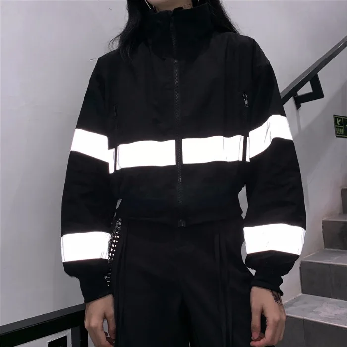 Лоскутное светоотражающие полосы с застежкой-молнией и кроп Топ для женщин