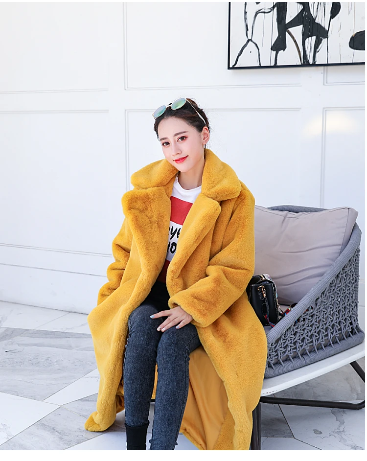 Зимнее женское качественное пальто из искусственного кроличьего меха, роскошное длинное меховое пальто, свободные пальто с отворотом, толстые теплые женские пальто больших размеров, 414