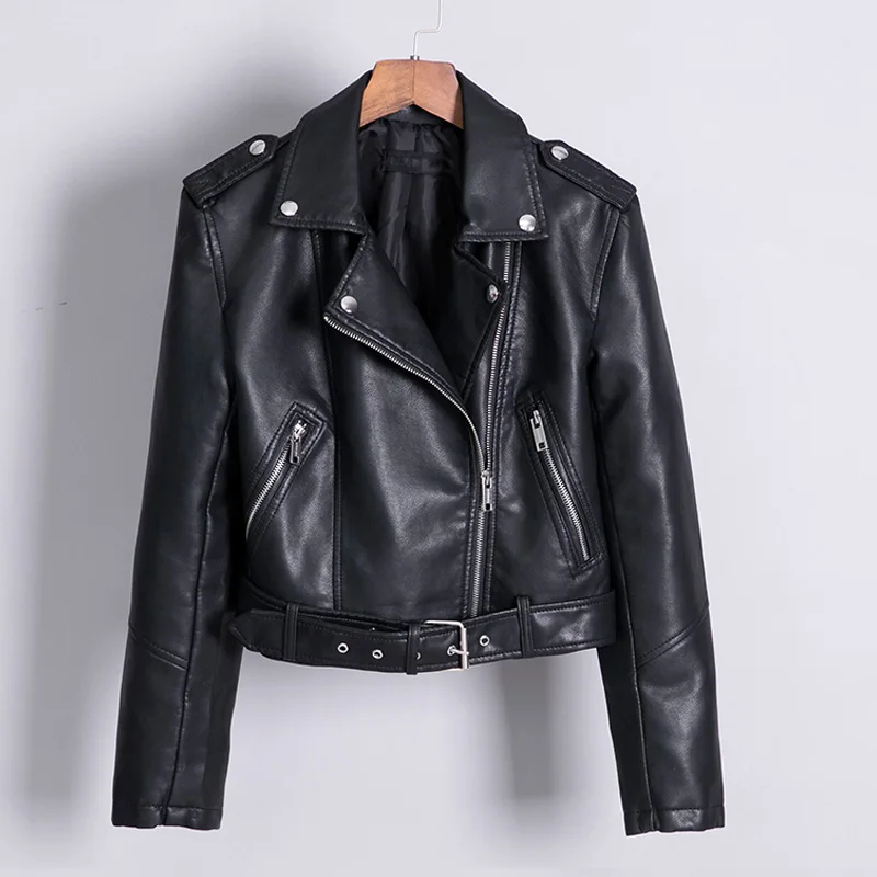 Женская куртка из искусственной кожи классическая короткая мотоциклетная с