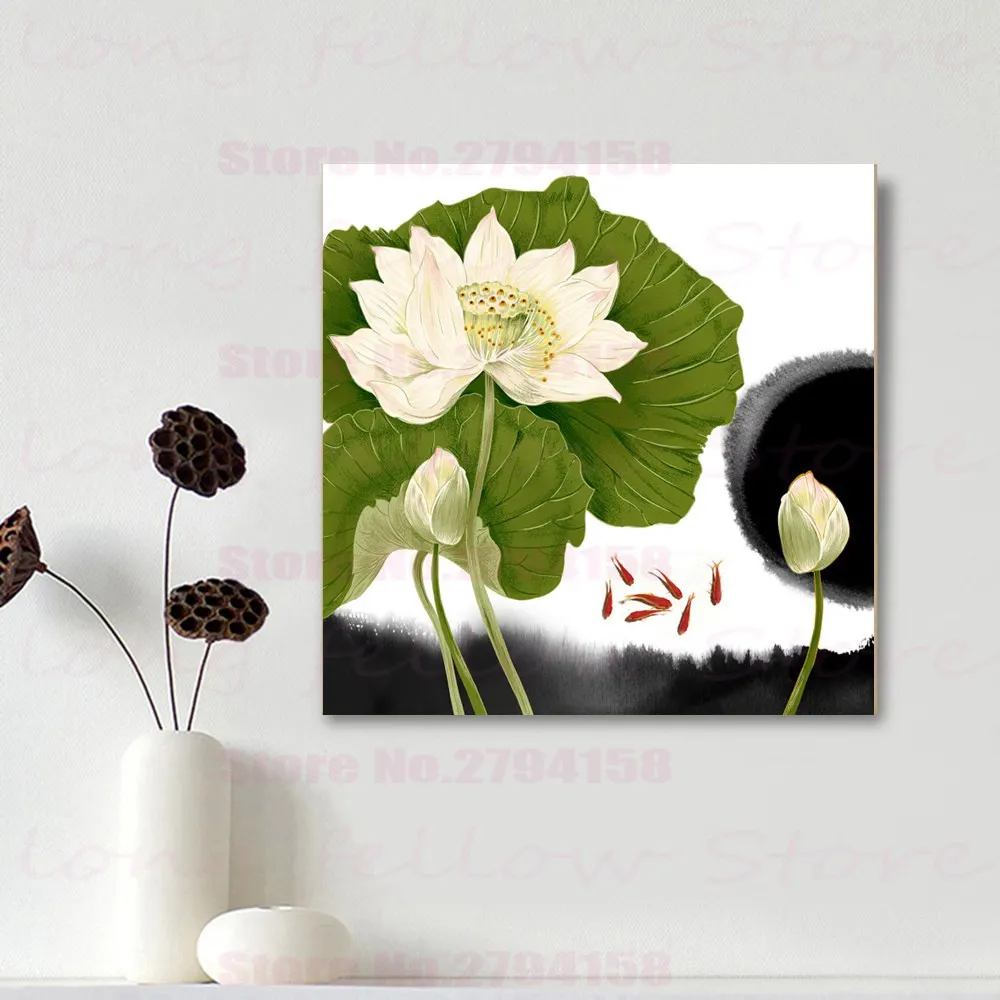 Зеленая живопись Элегантные цветы лотоса украшение для дома холст офиса