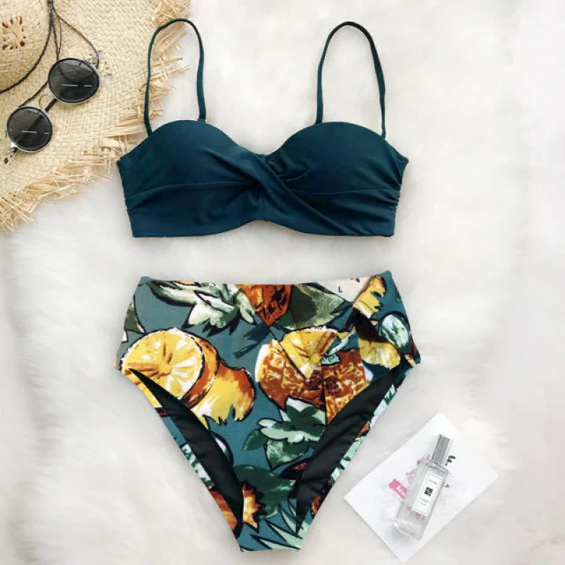 

2021 New Push Up Sexy Bikini Set High Waist Swimwear Women Swimsuit Female Halter Bathing Suit Bather Leaf Print 2 Pieces Beach
