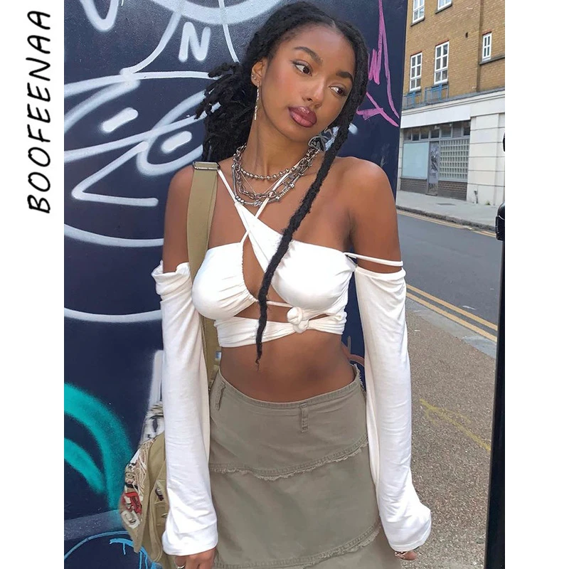 

Асимметричные укороченные топы BOOFEENAA с вырезами, сексуальная уличная мода, футболка с длинным рукавом для женщин, одежда для клуба, черная, б...